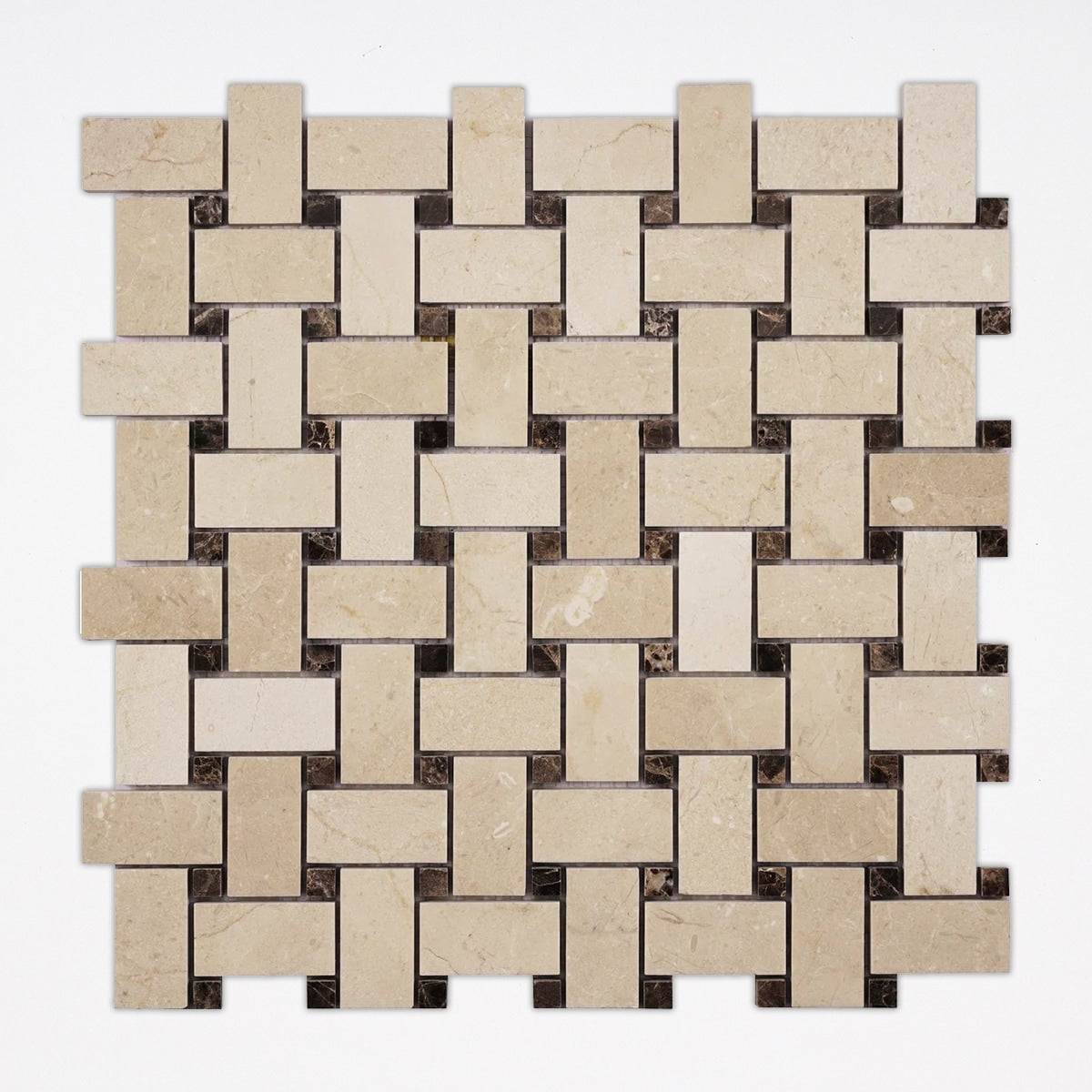 Crema Marfil, Emperador Polished 1x2 Basket Weave Marble Mosaic