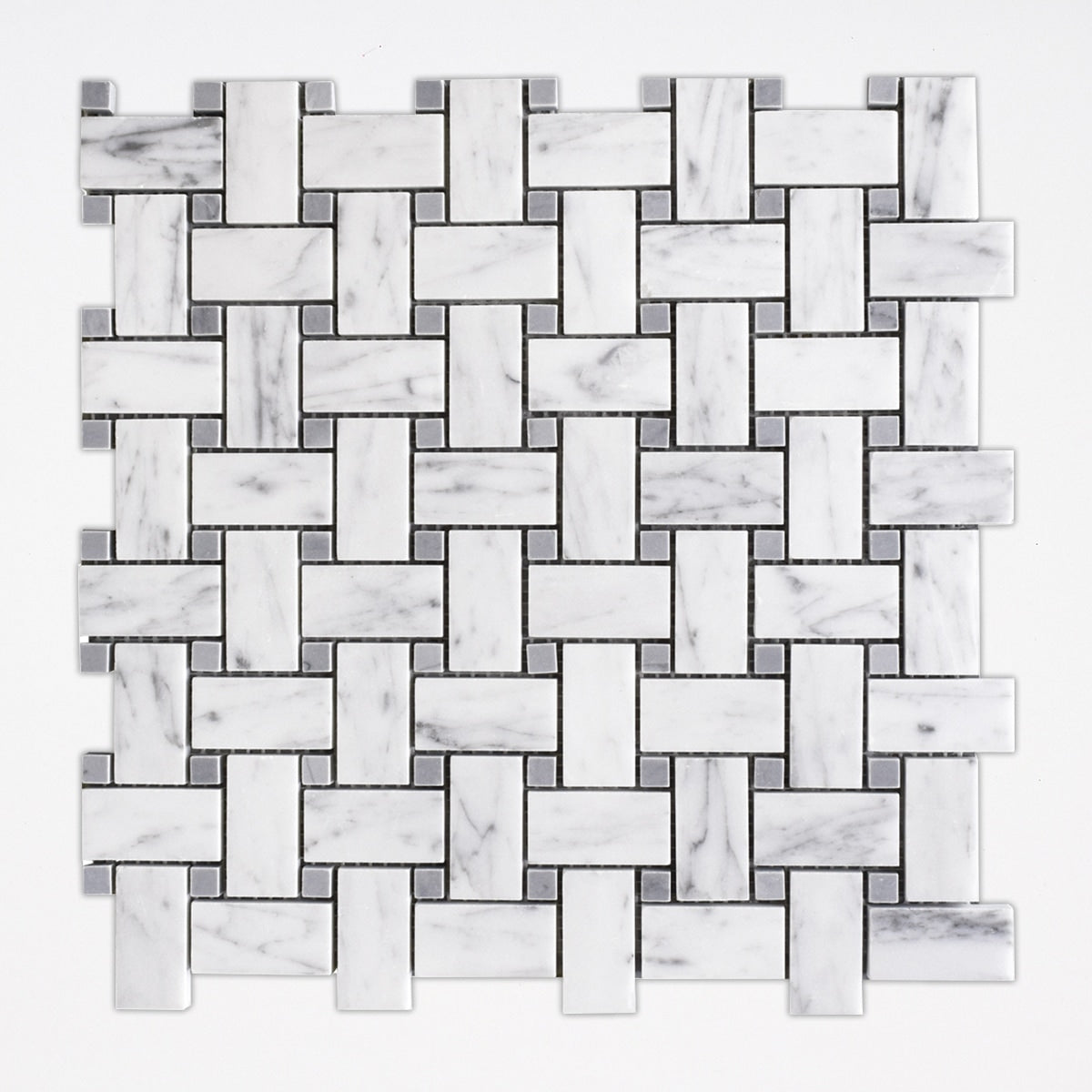 White Carrara, Bardiglio Honed 1x2 Basket Weave Marble Mosaic